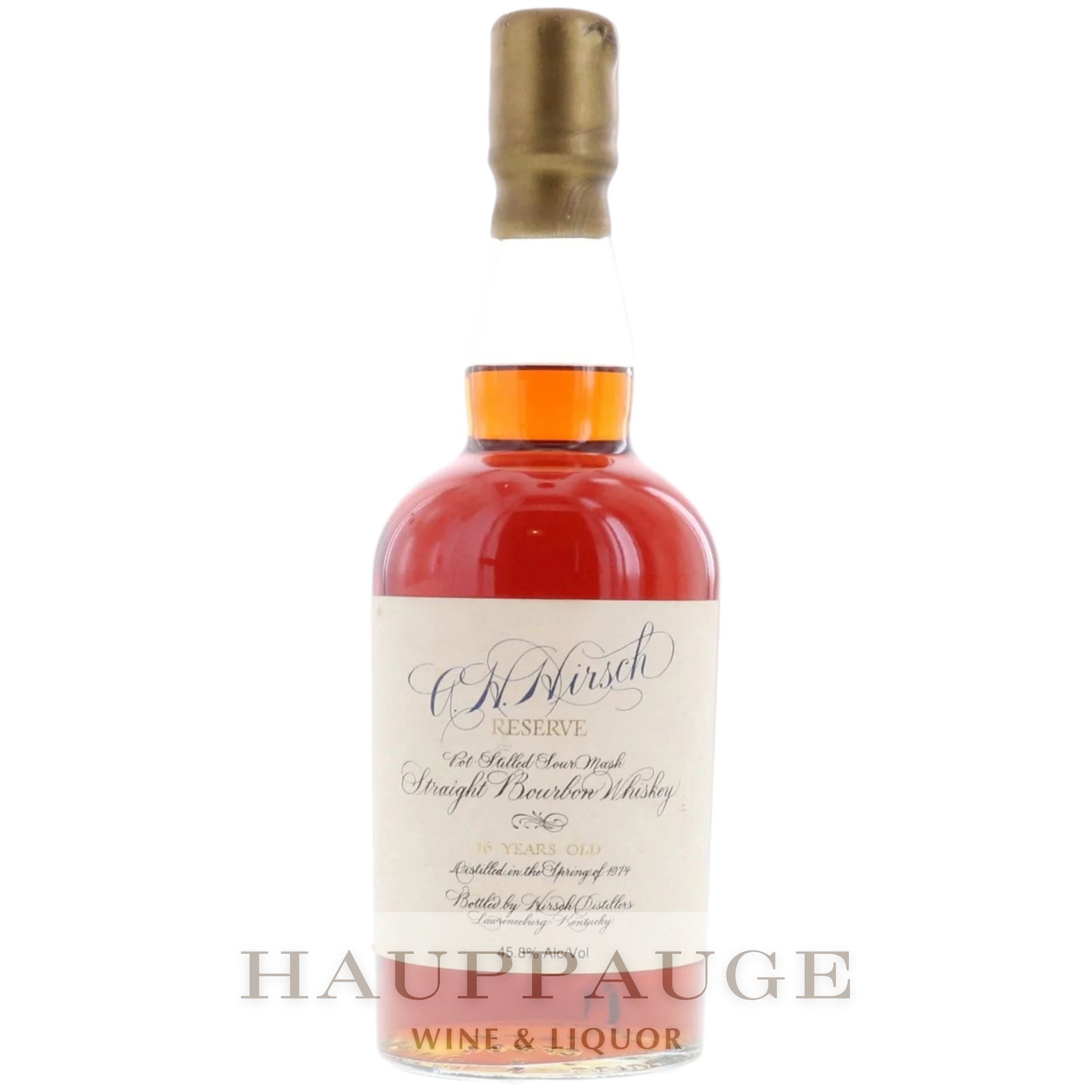 A.H. Hirsch Reserve 1974 16-Year-Old Bourbon (Squat Bottle, Gold Wax, 1990s)