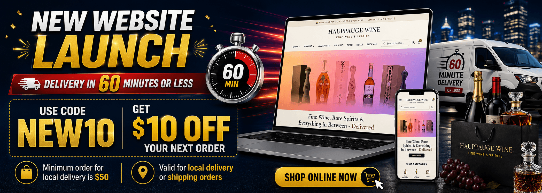 Hauppauge Wine & Liquor — new website launch, local delivery in 60 minutes or less, $10 off your next order with code NEW10